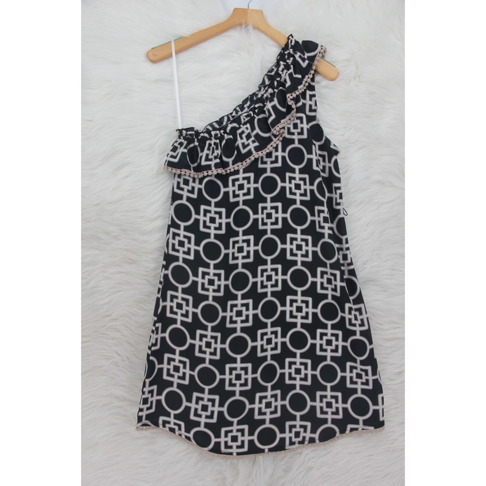Mud Pie M Medium Caroline Dress One Shoulder Ruffled Black Leta Lace Detail 1224